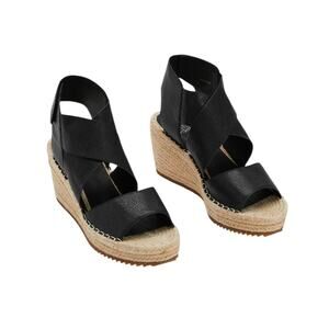 Eileen Fisher Willow Tumbled Black Grained Leather Strap Raffia Wedge Size 7.5